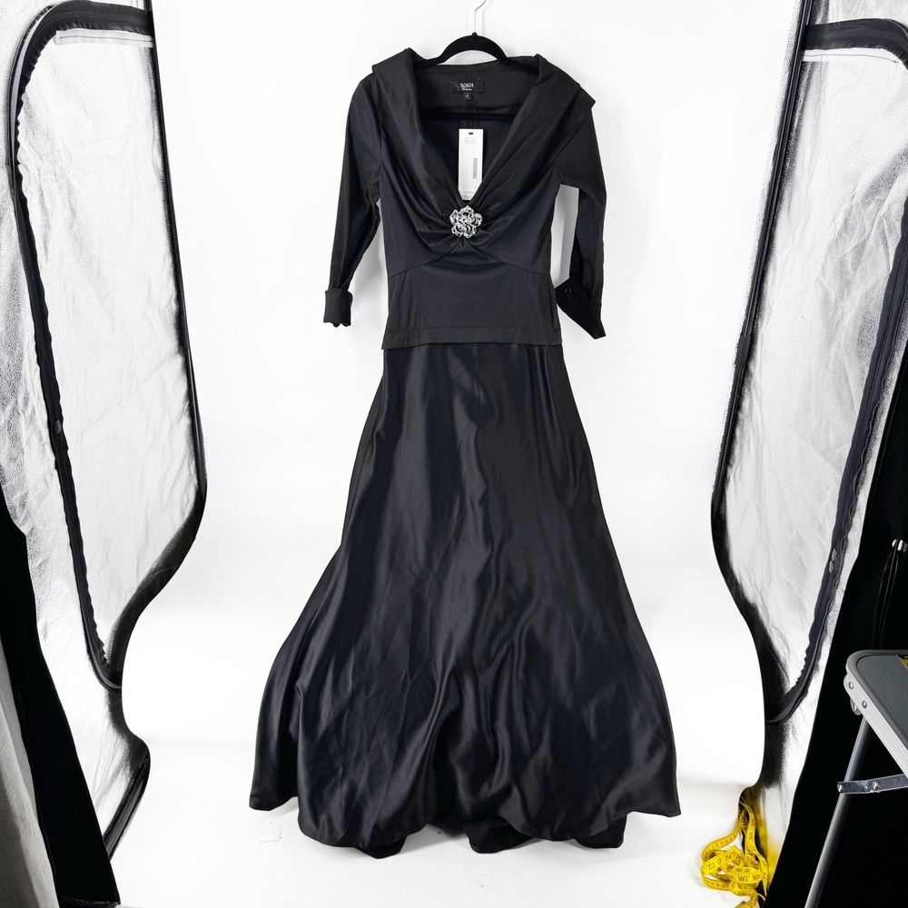 Tadashi Collection Black Portrait Neck Crystal Brooch Gown Formal Dress Size 4